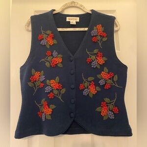 Talbots Vintage Small Navy & Multi Color Embroidery Wool Vest Granny Cottage